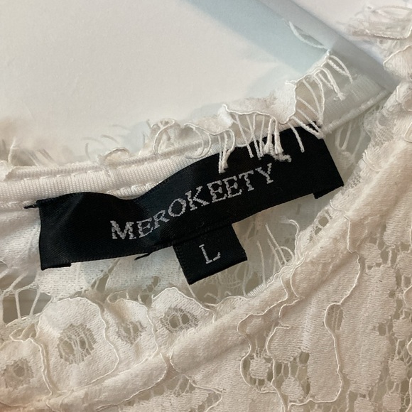 White Sheath Lace Dress with Flutter Cap Sleeves - Picture 7 of 10